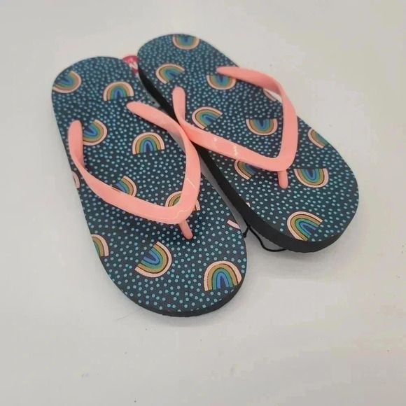 New Cat & jack Flip Flops M (2-3) Neon Pink Navy Blue Rainbow Sandals Shoes - Picture 2 of 6